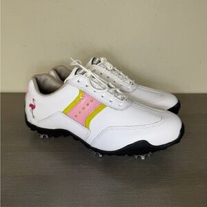 FootJoy MyJoys Custom Flamingo Pink Yellow Leather Golf Shoes Womens Size 6.5 M